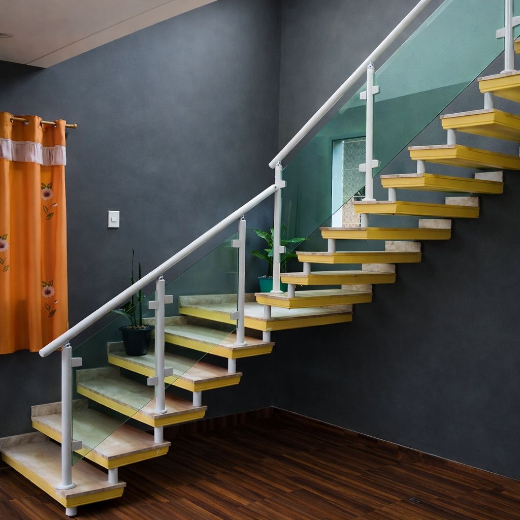 Escada pré-moldada com degraus coloridos e guarda-corpo em vidro