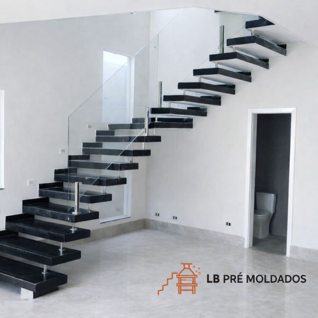 Escada em granito preto com guarda-corpo em vidro