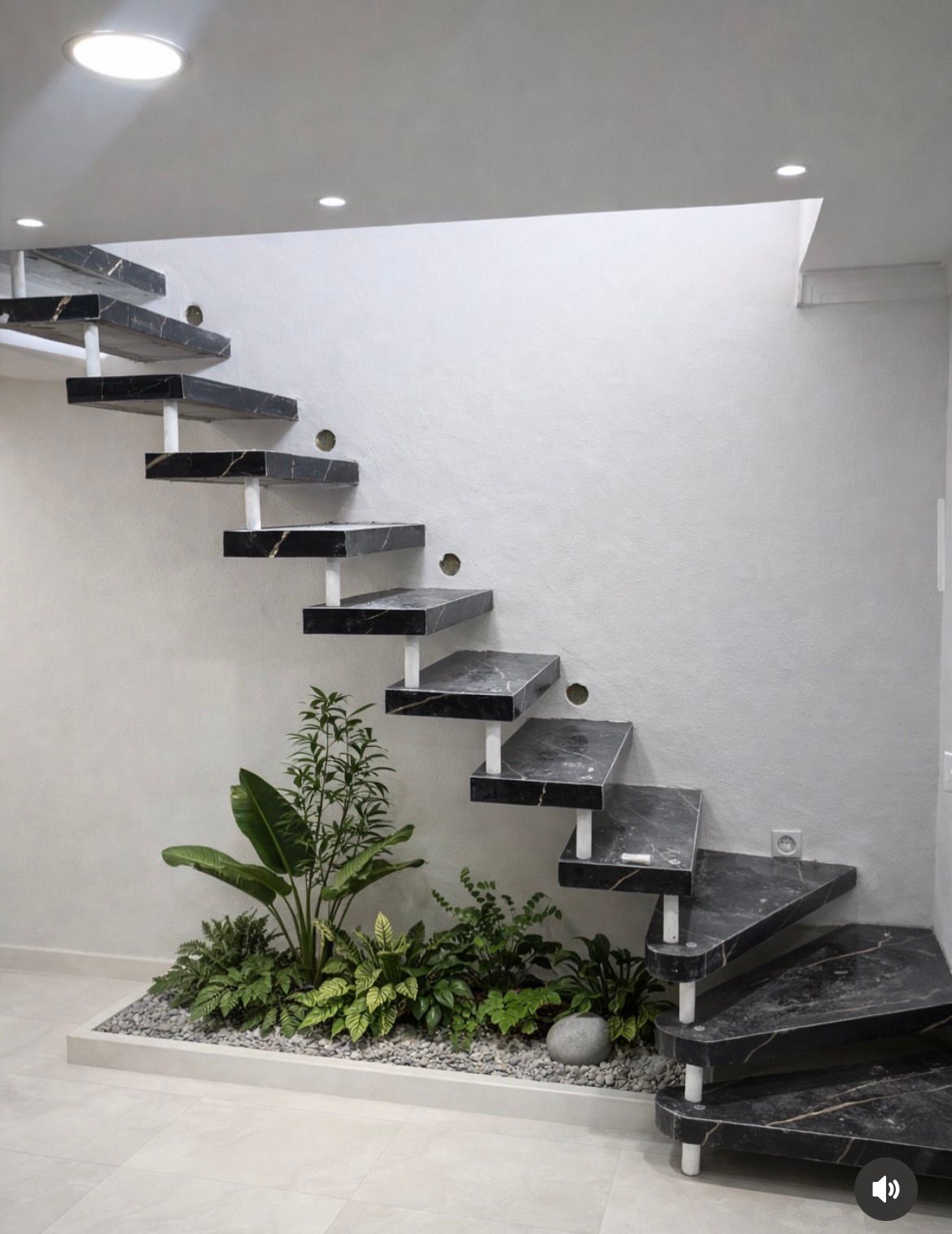 Escada em mármore preto com jardim decorativo